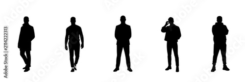 Five Silhouetted Figures Standing in a Line Each with Distinct Poses Featuring Silhouette, Black, White with People and Group