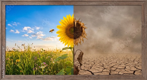 Split view displaying vibrant blooming sunflower against desolate cracked earth representing environmental climate change contrast with landscape