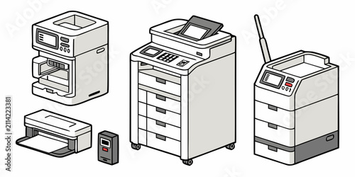 Canvastavla Set of five gray office multifunction printers and copiers on white background,