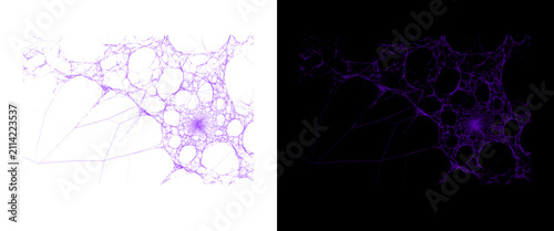 Abstract purple neural network structure, organic biological cell connection web, glowing violet microscopic fiber pattern on black and white background
