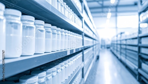 Brightly Lit Warehouse Aisle with Neatly Arranged Containers