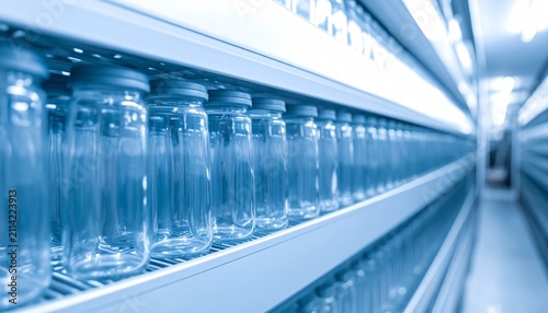 Neatly Arranged Glass Bottles Cold Refrigerator Shelf
