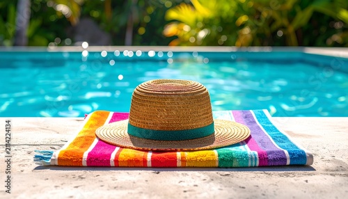 Sunlit Poolside with Straw Hat and Colorful Towels