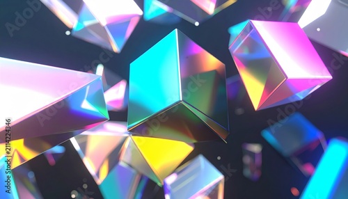 Floating Iridescent Metallic Cubes Futuristic Space