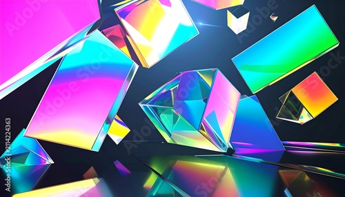 Futuristic Iridescent Geometric Shapes Dark Surface