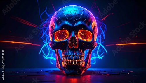 Futuristic Glowing Skull with Electric Energy Against Dark Background