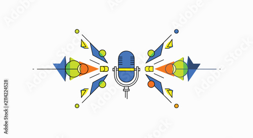 Sound Wave Graphic: A stylized illustration of a microphone at the center, emanating colorful geometric shapes and radiating lines, symbolizing sound waves and audio transmission.