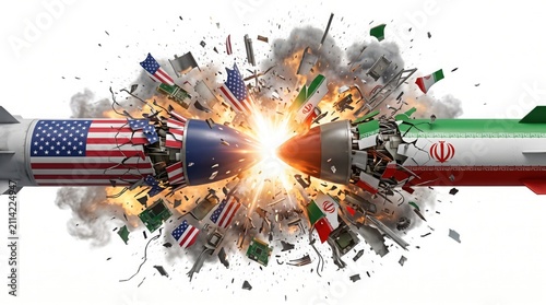 Two military missiles decorated with national flags colliding mid air and exploding in a massive burst of fire and debris against a stark white background with high speed