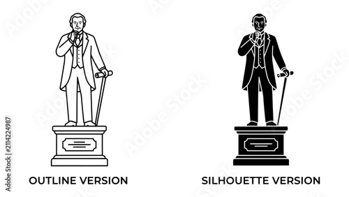 Fotografía Statue of a Gentleman: Two stylized depictions of a distinguished gentleman standing on a pedestal, one in outline and the other as a silhouette, showcasing classic attire and a cane