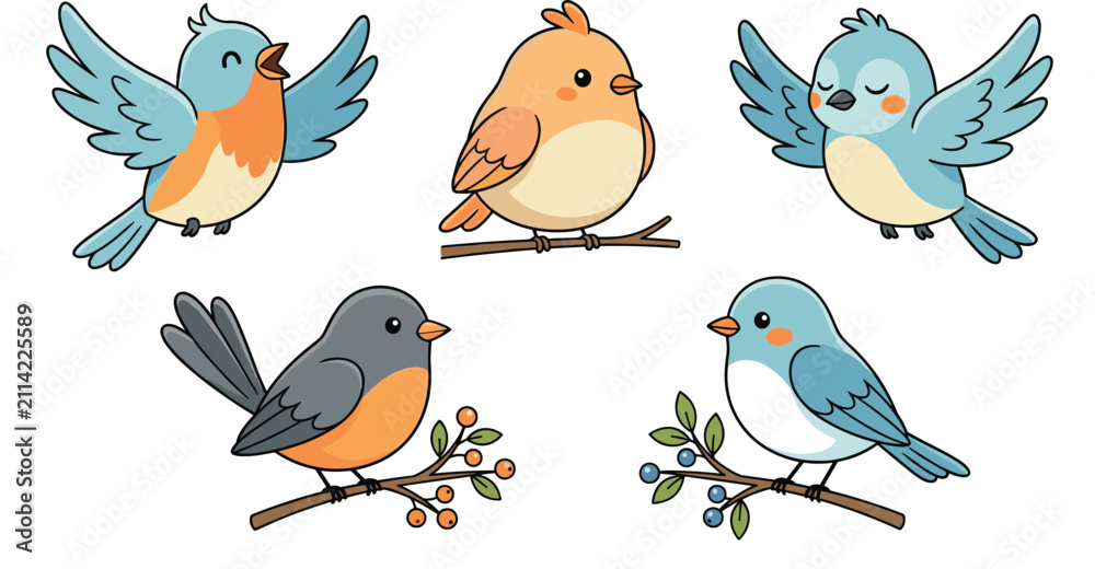 Fototapeta premium Cute Cartoon Birds Vector Set with Little Bluebirds and Robins Flying Sitting on Tree Branches with Berries for Kids Nature Designs