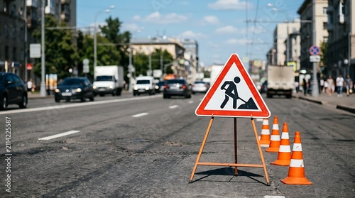 Road work sign on city street. Construction warning triangle with orange traffic cones.