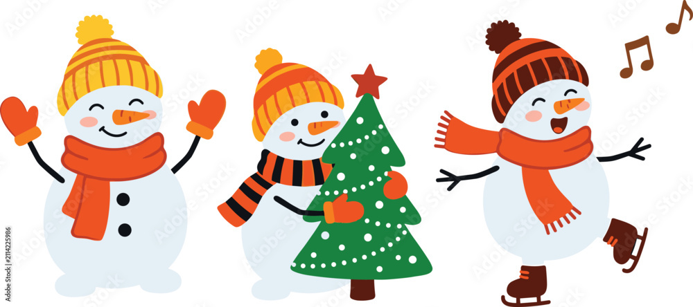 Naklejka premium Cute Christmas Snowman Character Set with Singing Ice Skating and Holding Pine Tree for Winter Holiday Graphic Design Templates