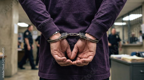 Hands in handcuffs, male prisoner in purple shirt, police station background suitable for law enforcement related projects and documentaries.