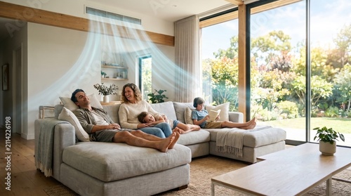 A happy family relaxing in a modern, sunlit living room with visible airflow waves coming from a ducted air conditioner, representing home comfort, cooling, and family lifestyle.