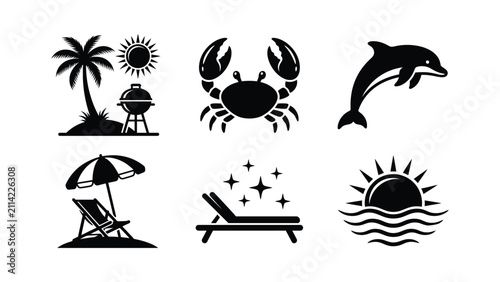 Bild auf Leinwand collection of six beach and seaside silhouette icons including palm tree with su