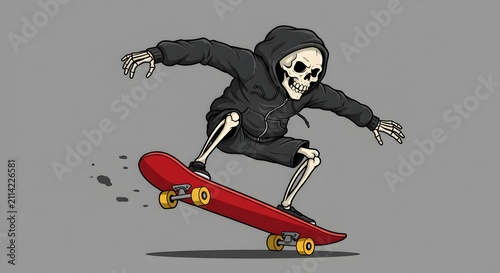 Skeleton Skateboarder Wearing Black Hoodie Riding Red Skateboard in Gray Background