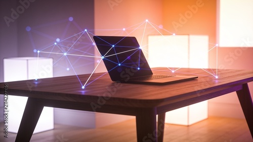 Remote Work Future Concept with Modern Home Office, Laptop Silhouette and Digital Connections, Warm Futuristic Workspace Background