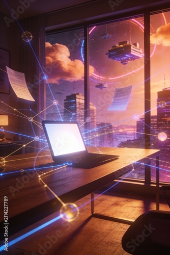 Remote Work Future Concept with Modern Home Office, Laptop Silhouette and Digital Connections, Warm Futuristic Workspace Background