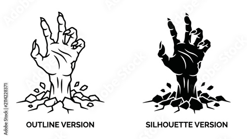 Obraz na płótnie Zombie Hand from Ground: A hand emerges from the ground, breaking rocks, available in both outline and silhouette versions