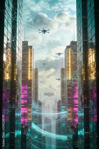 Smart City Future Technology Concept with Connected Buildings, Digital Networks and Futuristic Urban Skyline Background