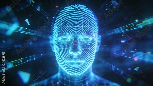 Digital Identity and Biometric Security Concept with Fingerprint Waves, Facial Recognition Grid and Futuristic Blue Neon Technology Background