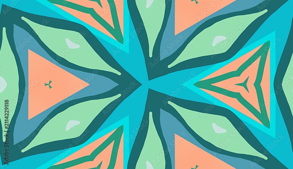 Fototapeta premium Abstract triangle and leaf shapes in green and blue hues