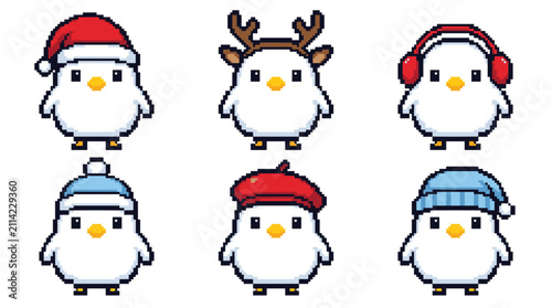 Christmas holiday themed element pack, colorful pixel style, festive birds, winter hats, reindeer antlers, and earmuffs