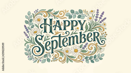 Happy September Decorative Calligraphy with Floral Illustration