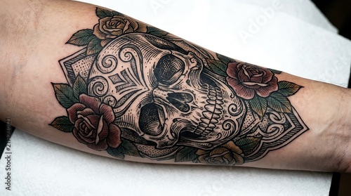 Sugar skull tattoo on human arm. Detailed Day of the Dead ink art with floral elements.