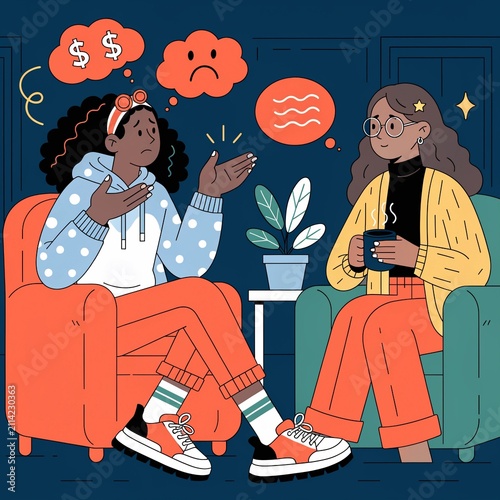 Mental Health Support During Financial Stress Concept with Counselor Conversation, Emotional Support and Financial Wellbeing Illustration