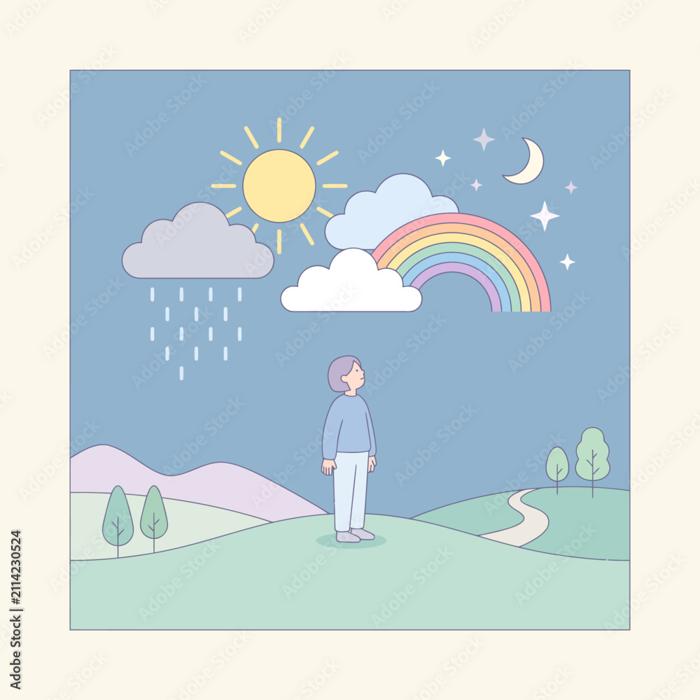 Obraz premium Minimalist illustration of a person observing diverse weather phenomena and sky conditions, symbolizing life's varying moods and natural beauty and the cyclical changes of nature