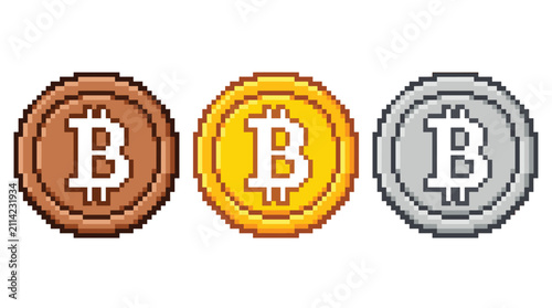 Cryptocurrency finance element set, vintage pixel style, gold coins, bronze currency, silver tokens, and digital money