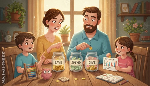 Family Building Healthy Financial Habits Concept with Parents Teaching Children Saving, Budgeting and Money Management Skills