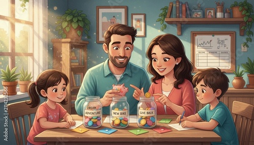 Family Building Healthy Financial Habits Concept with Parents Teaching Children Saving, Budgeting and Money Management Skills