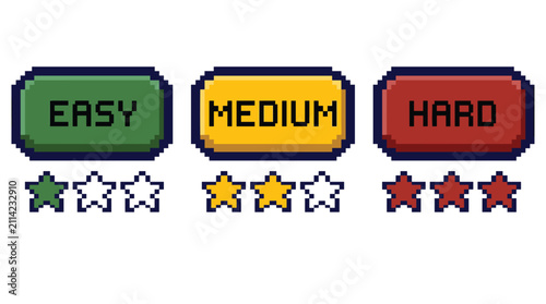 Gaming difficulty level selector element pack, vibrant pixel art style, interactive buttons, star ratings, and progress metrics