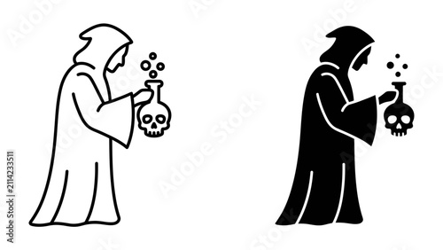 Foto Grim Reaper with Potion: Iconic grim reaper figure in hooded robe holds a flask containing a skull symbol and bubbling liquid, representing death, mystery, or the occult
