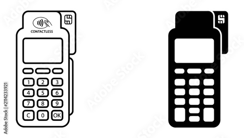 Фотография Payment Terminal Icons: A set of two simple, clear icons representing a modern payment terminal, one outlined and one solid, with a credit card inserted, ready for contactless transactions