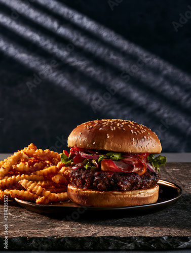 Thick-cut burger and crinkle-cut French fries