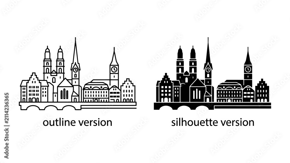 Fototapeta premium Cityscape Outline and Silhouette: Two graphic representations of a city skyline, one in outline and the other as a solid silhouette, showcasing architectural details of buildings and spires.