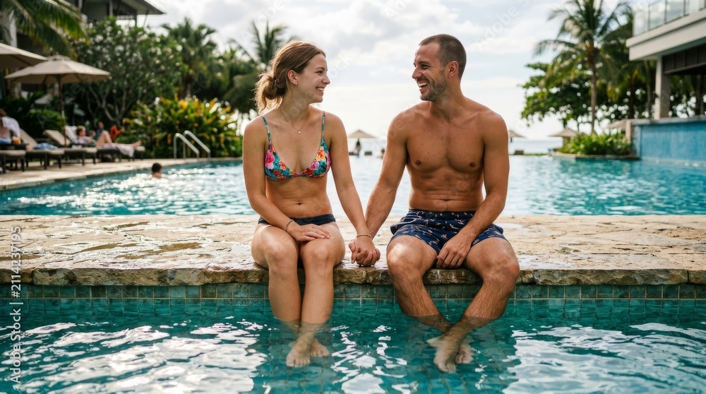 Fototapeta premium Happy couple holding hands by resort pool on tropical vacation.