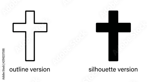 Foto Two Cross Symbols: A clean graphic representation displaying two distinct Christian cross symbols, one as an outline and the other as a solid silhouette, against a neutral background