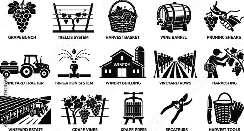 Quadro su tela Agriculture viticulture and winemaking flat vector icons with winery building vi