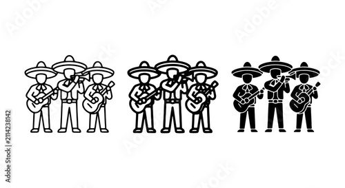 Mariachi Band Icons, Mexican Musicians Vector Set, Festive Guitar Players Silhouette Collection