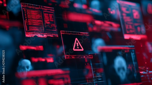 Cyber threat warning concept with skulls and screens