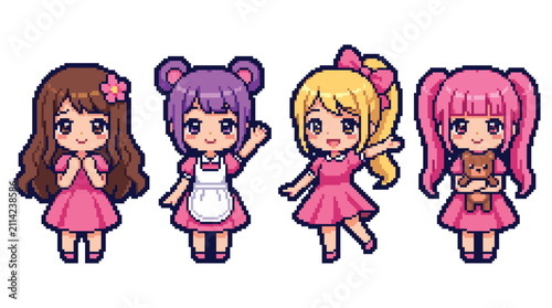 Anime schoolgirl character element pack, cute pixel style, school uniforms, bows, teddy bears, maid outfits, and friends