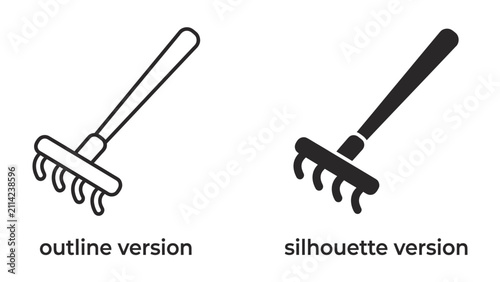 Obraz na płótnie Rake Outline and Silhouette: A graphic resource featuring a rake presented in two distinct styles: a clean outline version and a solid silhouette version, ideal for various design applications