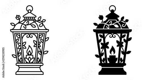 фотографія Ornate Lantern Designs: Two intricately designed lanterns, one in outline and the other in silhouette, feature delicate floral motifs and a flickering candle flame