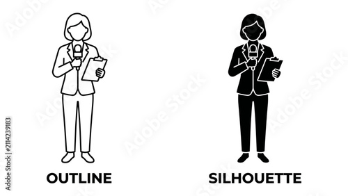 Konstfotografi News Reporter Icon: A professional news reporter is depicted in both an outline and silhouette style, holding a microphone and a notepad, ready to deliver information