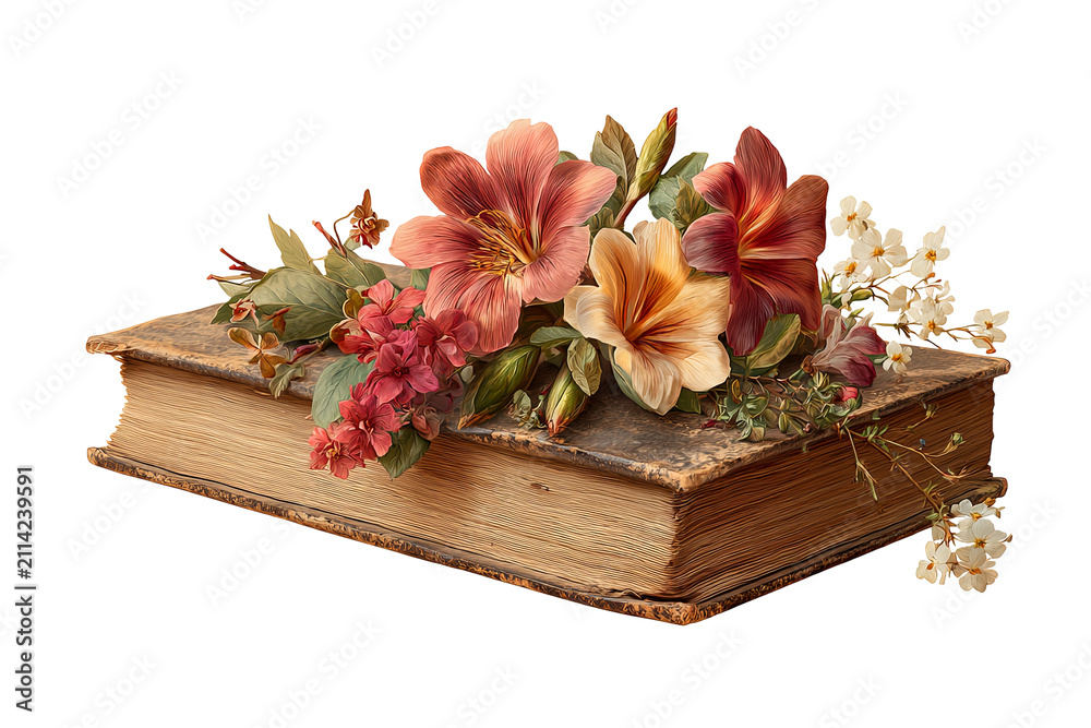 Fototapeta premium Antique book with flowers isolated on transparent background, vintage botanical PNG cutout collection