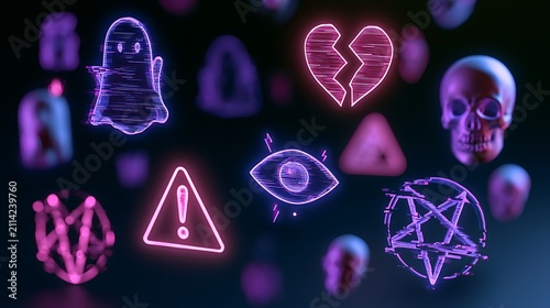 neon signs of spooky symbols and shapes